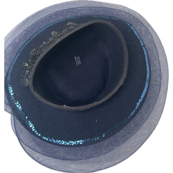 Mr. Hi\'s Classic Blue Felt Church Hat fascinator Derby Sweep & Sequins